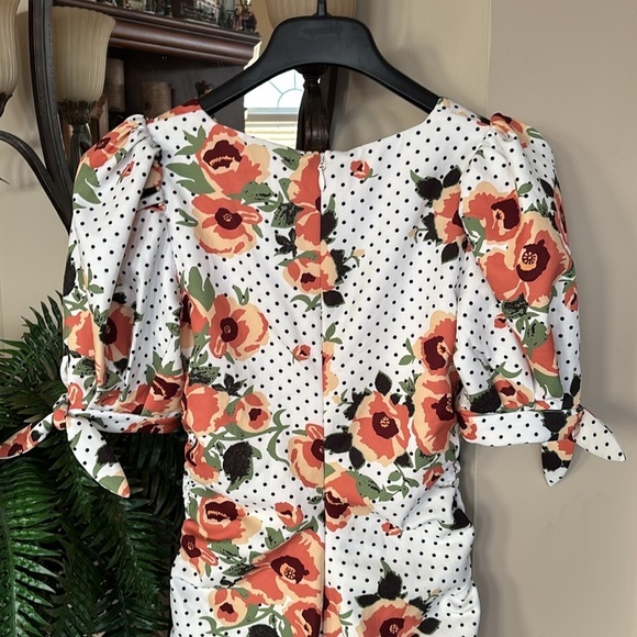 Lavish Alice White Orange Floral Polka Dot Ruched Mini Dress Puff Sleeves - Picture 10 of 16